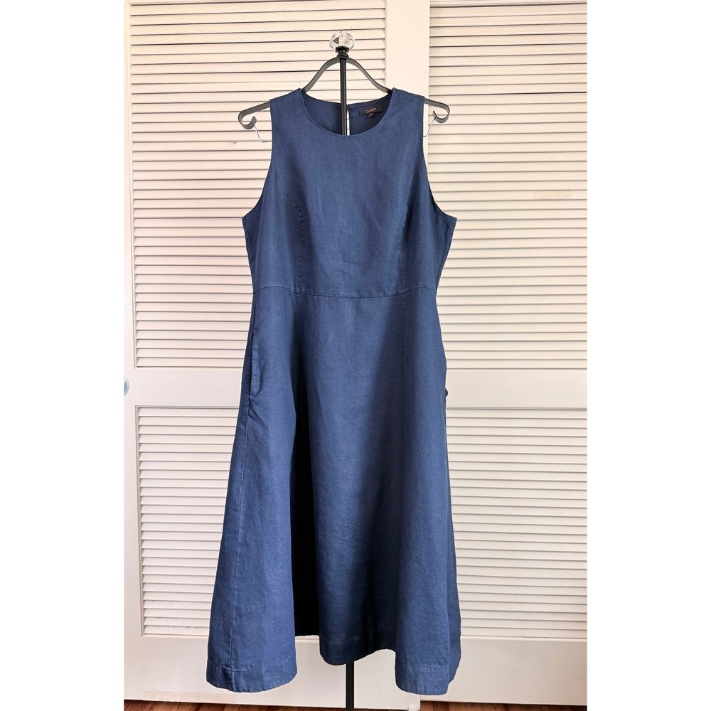 Quince 100% Linen Sleeveless Fit & Flare Midi Dress XL Navy Blue Pockets